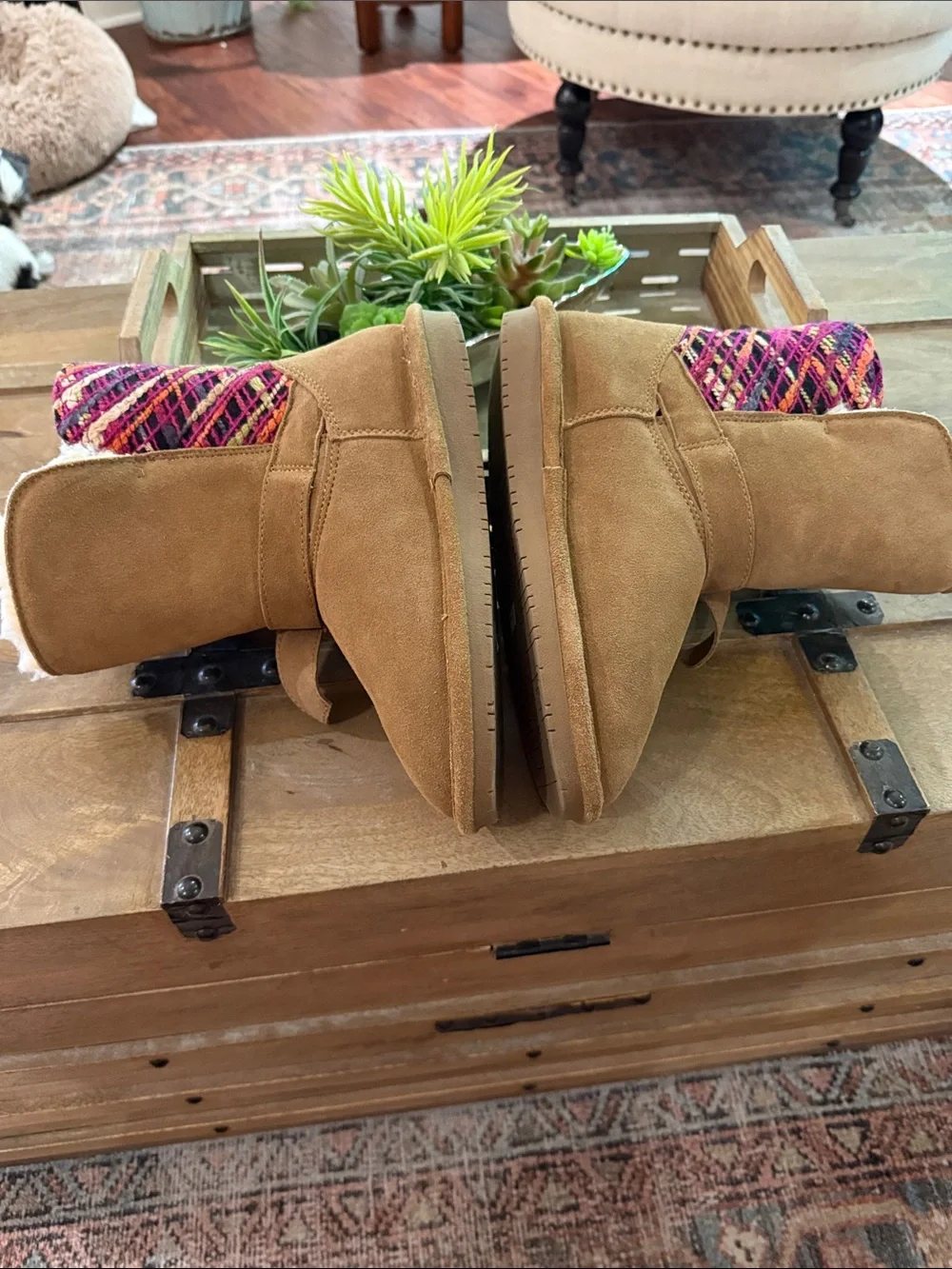 BearPaw Tan Suede Winter Boots with Multicolor Knit Cuff
